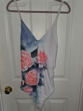 White Floral One-Piece Swimsuit with Pink Rose Print